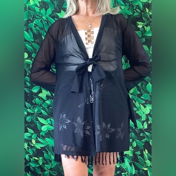 🏖️ J. Valdi Sheer Black Swim Cover-Up – Tie Waist – One Size - Picture 4 of 5